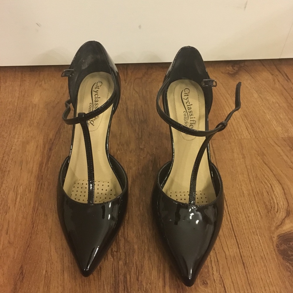 Black Patent T-Strap Heels
